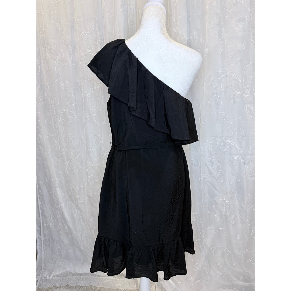Express Black One Shoulder Ruffle Cocktail Dress Medium Belted Mini LBD Wedding - Picture 3 of 9